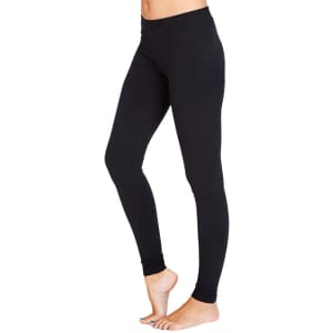 A pair of black women's cotton spandex full-length leggings displayed on a model. The leggings have a fitted silhouette.