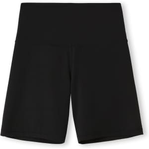 A pair of women's high-rise legging shorts in black with a wide waistband and no visible branding.