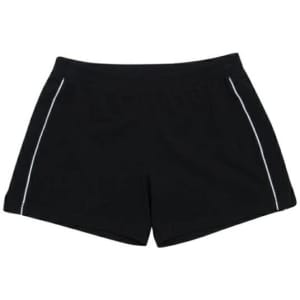 Black sports shorts featuring white side detailing and a logo.