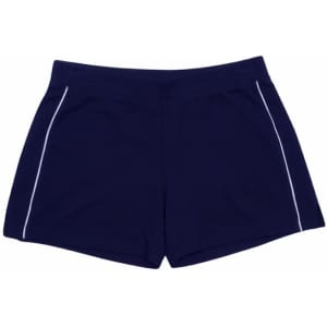 Navy sports shorts featuring contrasting white piped lines and an elastic waistband. The shorts have a brand logo.
