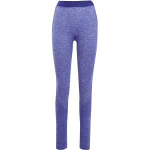 A pair of seamless leggings in a blue heathered pattern with a contrasting waistband. The design includes a logo.