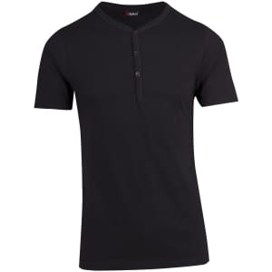 A black Men's Hanley T-shirt with short sleeves and a buttoned placket, featuring a logo on the neckline.