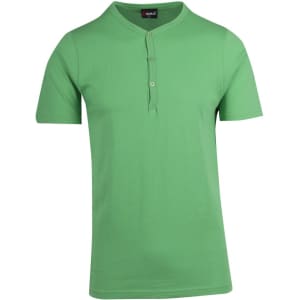 A green Men's Hanley T-shirt with a buttoned neckline and short sleeves, featuring a logo on the label.
