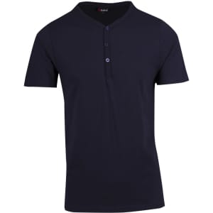 A navy blue men's Hanley T-shirt with a buttoned placket and a small pocket. It features a logo on the collar.