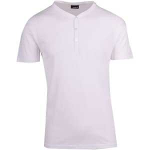 A white Men's Hanley T-shirt with short sleeves and a buttoned collar. It features a logo on the inside label.