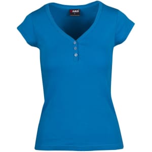 A women's t-shirt in bright blue with short sleeves and a v-neckline, featuring three buttons.