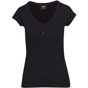 A black women's Hanley T-shirt with a V-neck and button detailing. It features fitted sleeves and has a logo.