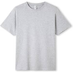 A grey unisex t-shirt with a classic crew neckline and short sleeves. It features a logo on the inside label.
