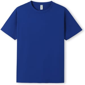 A blue unisex T-shirt with a crew neckline and a logo on the label.