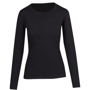 A women's long sleeve t-shirt in black with a fitted design and a round neckline. It features a logo.