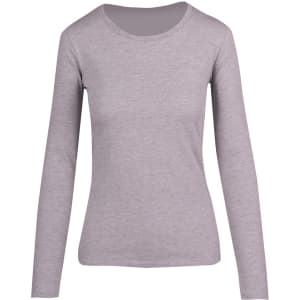 A women's long sleeve T-shirt in light grey with a crew neckline and fitted style, featuring a logo.