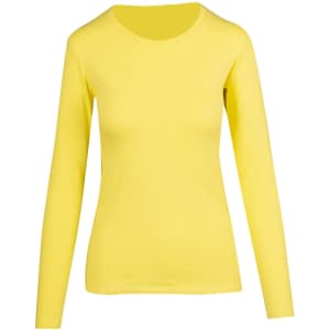 A women's long sleeve T-shirt in bright yellow with a round neckline and fitted design. It includes a small logo.