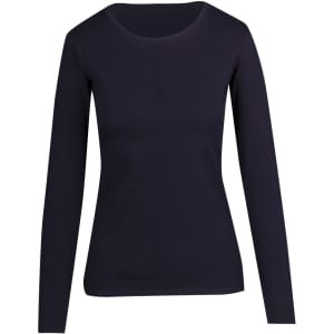 A women's long sleeve T-shirt in navy blue with a round neckline and fitted silhouette. Features a logo on the garment.
