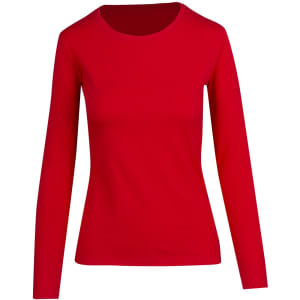 A red women's long sleeve T-shirt with a round neckline and fitted design.