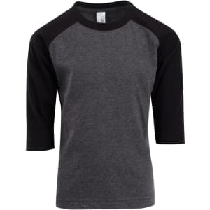 A grey and black kids' 3/4 raglan sleeve T-shirt with a branding logo.