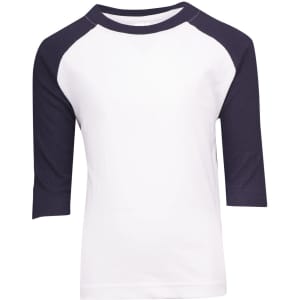 A kids' 3/4 raglan sleeve T-shirt featuring white fabric with navy blue sleeves and a logo.