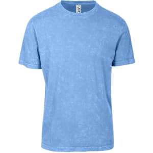 A blue stone wash T-shirt with a crew neck and short sleeves, featuring a logo tag.
