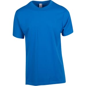 A blue modern fit tee with short sleeves, featuring a logo on the label.