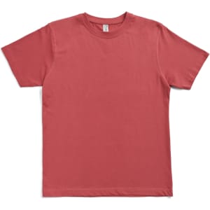 A unisex modern fit tee in a muted coral colour, featuring a simple design and a brand logo.