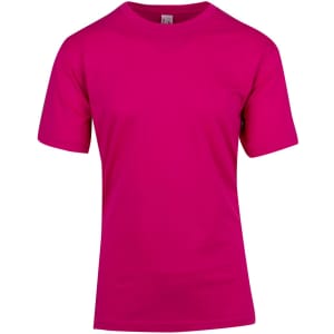 A pink modern fit tee with short sleeves and a simple design. It features a tag at the neckline.