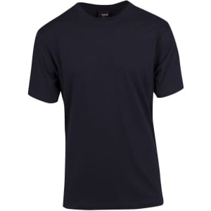 A unisex modern fit tee in navy blue with short sleeves and a round neckline. Features branding inside the collar.