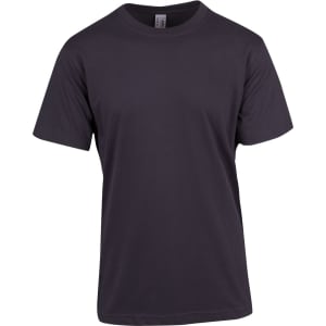 A dark grey unisex modern fit tee with a standard crew neckline and short sleeves, featuring a logo on the label.