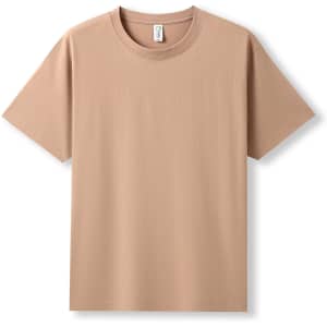 A unisex modern fit tee in a beige colour, featuring short sleeves and a tag inside. It has a simple design.