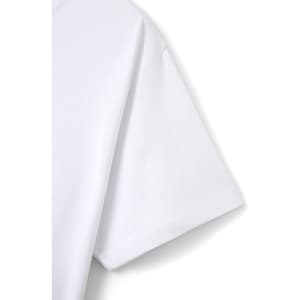 A white unisex modern fit T-shirt displaying the sleeve and fabric texture, featuring a logo.