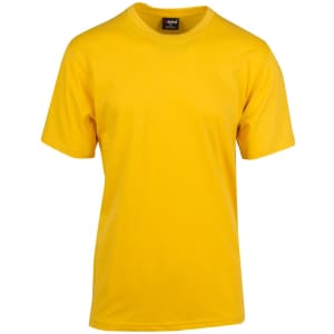 A yellow modern fit T-shirt with a round neckline and short sleeves. It features a logo on the label.