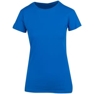 A blue women's modern fit T-shirt with a classic crew neckline and short sleeves. The T-shirt features a logo.