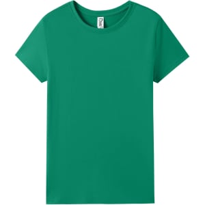 A green women's modern fit T-shirt with a round neckline and short sleeves. It features a logo tag.
