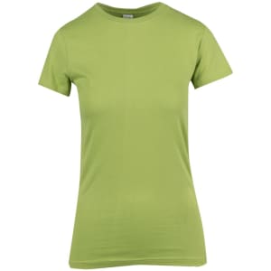 A modern fit women's T-shirt in vibrant green, featuring short sleeves and a simple design.
