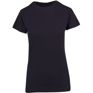 A women's modern fit t-shirt in black with a classic crew neckline and short sleeves, featuring a logo.