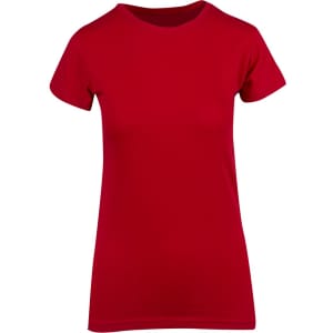 A red women's modern fit T-shirt with short sleeves and a crew neckline, featuring a logo.