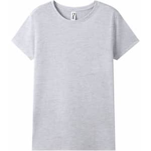 A light grey modern fit women's T-shirt with a classic crew neck and short sleeves. Features a branding label.