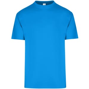 A bright blue unisex regular T-shirt with a classic crew neck and short sleeves. It features a logo on the label.