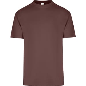A brown unisex regular T-shirt with a crew neck and short sleeves. It features a logo on the front.