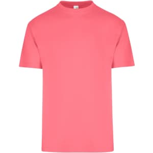 A unisex regular T-shirt in bright coral, featuring a round neckline and short sleeves. It has a logo.