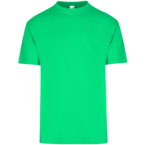 A bright green unisex regular T-shirt with short sleeves and a round neckline, featuring a logo.
