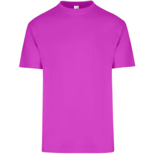 A bright pink unisex regular T-shirt with a crew neck and short sleeves. It features a simple design and a logo.