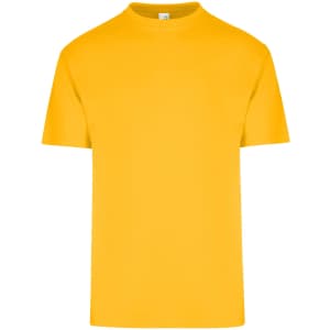A bright yellow unisex regular T-shirt with a crew neck and short sleeves. It features a logo on the label.