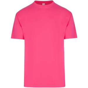 A vibrant pink unisex regular T-shirt with a round neckline and short sleeves. Features a logo.
