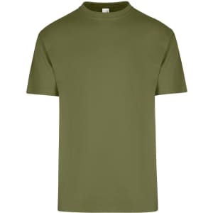 A regular T-shirt in olive green with a round neck and short sleeves, featuring a logo.