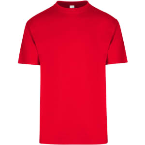 A red men's/unisex regular T-shirt with a classic crew neck and short sleeves. It features a logo on the label.