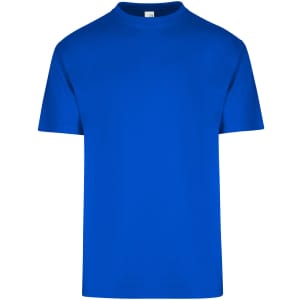 A bright blue unisex regular T-shirt with a simple design and short sleeves. It features a logo on the front.