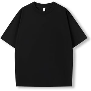 A black unisex oversize easy-fit T-shirt in 4XL and 5XL sizes, featuring a logo.