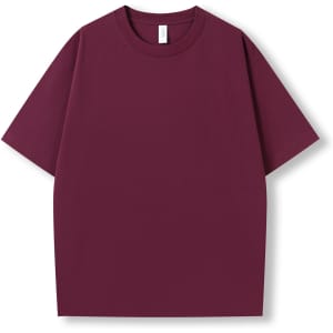 A maroon unisex oversize easyfit tee, featuring a simple design and flexible fit, with a brand logo on the label.