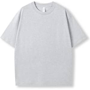 A unisex oversize easy-fit tee in light grey, featuring a classic crew neck and short sleeves. It has a logo.