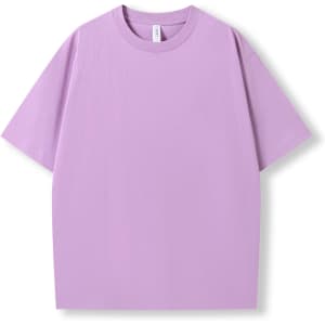 A lilac unisex oversize easy-fit T-shirt with short sleeves and a loose design, featuring a logo.
