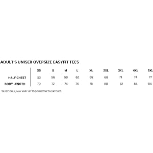 A size guide for unisex oversize easyfit tees, displaying measurements for XS to 5XL.